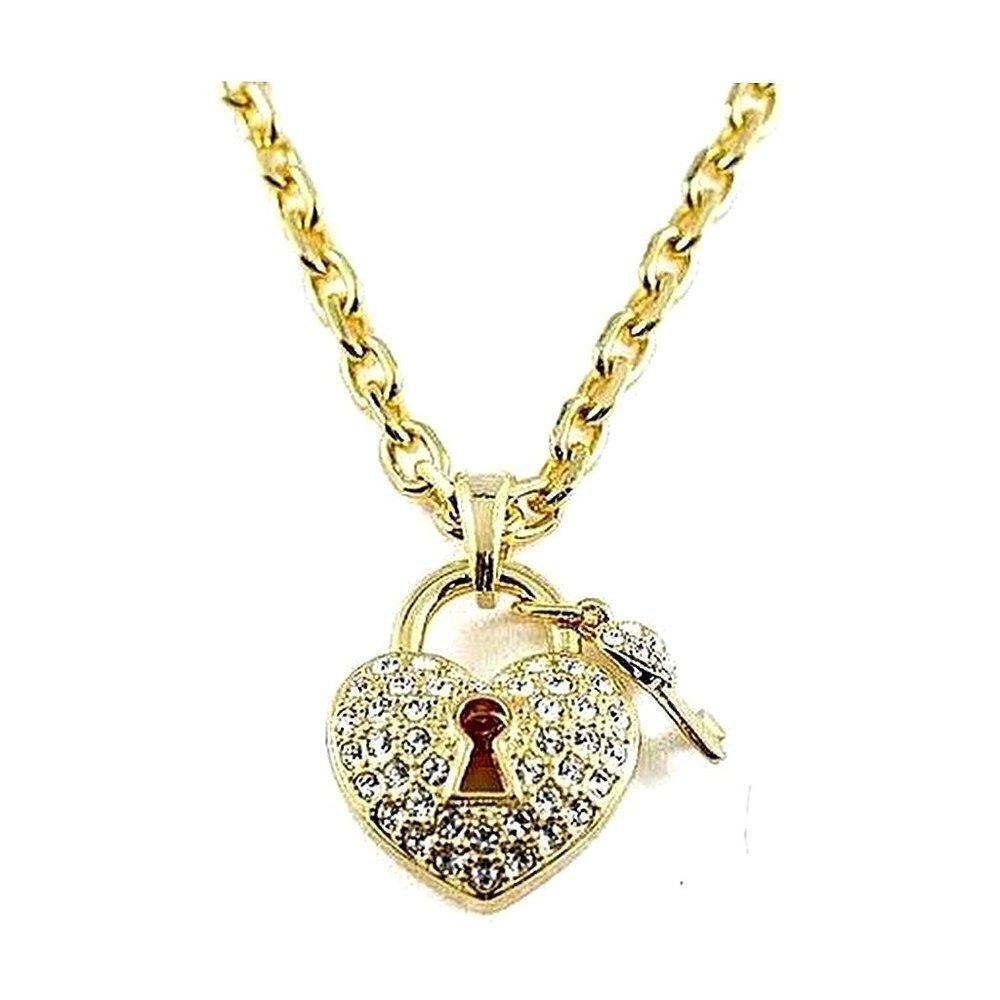 18" Heart & Key Pave Clear Crystal Goldtone Chain Link Charm Keyhole Necklace